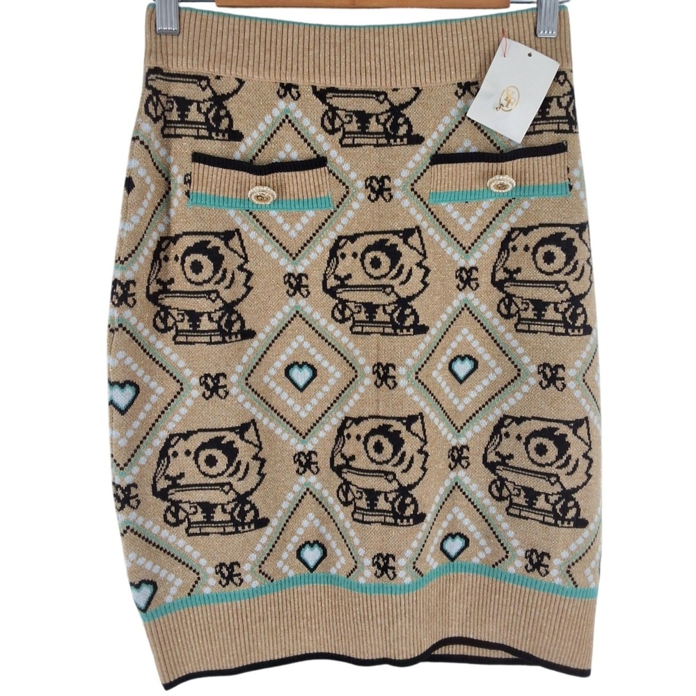 YF Metallic Knit Tiger Heart Argyle Mini Skirt Tan Teal Pearl Button Accent